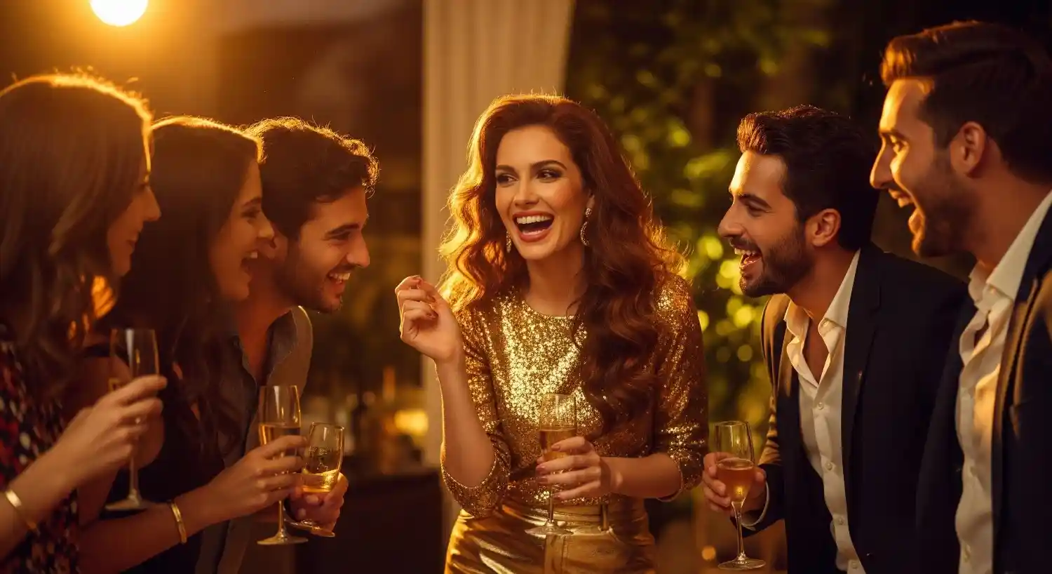 A confident Leo woman in bold fashion laughing at a lively party, surrounded by friends listening to her story
